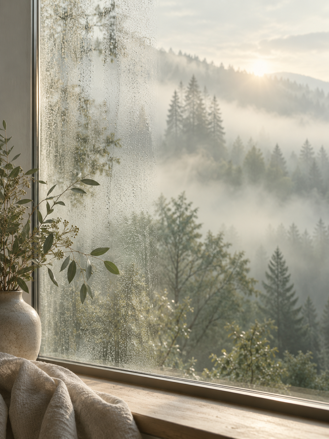 Lumière naturelle sur une forêt vue depuis une fenêtre
